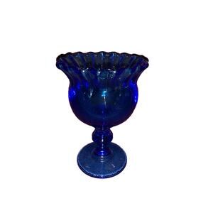 Vintage MCM Hoffman House BLUE Footed Crimped Vase by IMPERIAL GLASS-OHIO 1965